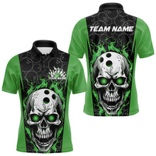 Load image into Gallery viewer, Custom Black And Green Flame Skull Bowling Polo Shirts For Men, Fire Skull Bowling Outfits IPHW8628