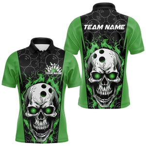 Custom Black And Green Flame Skull Bowling Polo Shirts For Men, Fire Skull Bowling Outfits IPHW8628