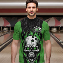 Load image into Gallery viewer, Custom Black And Green Flame Skull Bowling Quarter-Zip Shirts For Men, Fire Skull Bowling Outfits IPHW8628