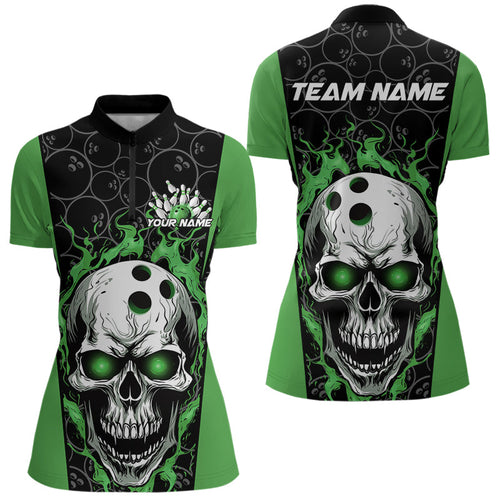 Custom Black And Green Flame Skull Bowling Womens Quarter-Zip Shirt, Fire Skull Bowling IPHW8628