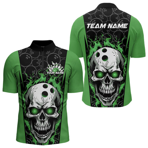 Custom Black And Green Flame Skull Bowling Quarter-Zip Shirts For Men, Fire Skull Bowling Outfits IPHW8628