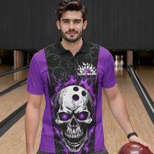 Load image into Gallery viewer, Custom Black And Purple Flame Skull Bowling Polo Shirts For Men, Fire Skull Bowling Outfits IPHW8629