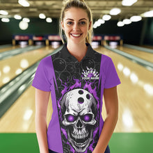 Load image into Gallery viewer, Custom Black And Purple Flame Skull Bowling Polo Shirt For Women, Fire Skull Bowling Outfit IPHW8629