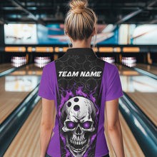 Load image into Gallery viewer, Custom Black And Purple Flame Skull Bowling Polo Shirt For Women, Fire Skull Bowling Outfit IPHW8629