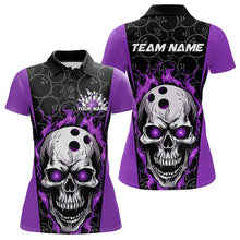 Load image into Gallery viewer, Custom Black And Purple Flame Skull Bowling Polo Shirt For Women, Fire Skull Bowling Outfit IPHW8629