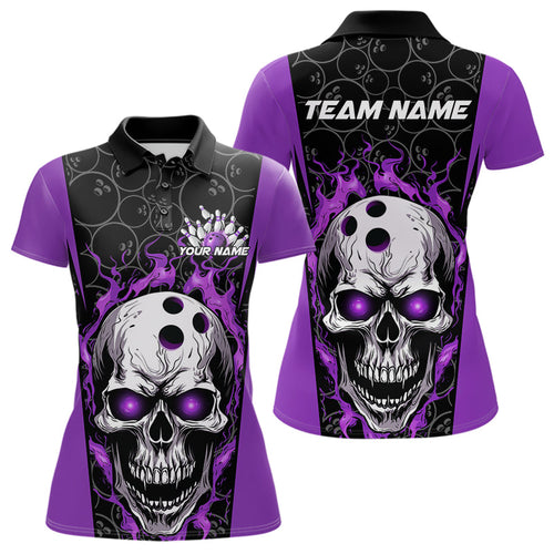 Custom Black And Purple Flame Skull Bowling Polo Shirt For Women, Fire Skull Bowling Outfit IPHW8629