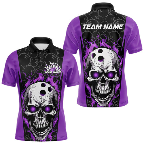 Custom Black And Purple Flame Skull Bowling Polo Shirts For Men, Fire Skull Bowling Outfits IPHW8629