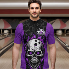 Load image into Gallery viewer, Custom Black And Purple Flame Skull Bowling Quarter-Zip Shirts For Men, Fire Skull Bowling Outfits IPHW8629