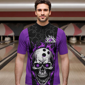 Custom Black And Purple Flame Skull Bowling Quarter-Zip Shirts For Men, Fire Skull Bowling Outfits IPHW8629