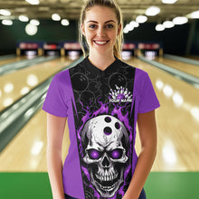 Load image into Gallery viewer, Custom Black And Purple Flame Skull Bowling Womens Quarter-Zip Shirt, Fire Skull Bowling IPHW8629