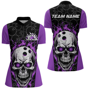 Custom Black And Purple Flame Skull Bowling Womens Quarter-Zip Shirt, Fire Skull Bowling IPHW8629