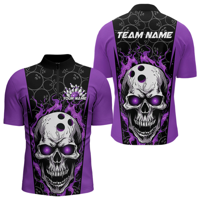 Custom Black And Purple Flame Skull Bowling Quarter-Zip Shirts For Men, Fire Skull Bowling Outfits IPHW8629