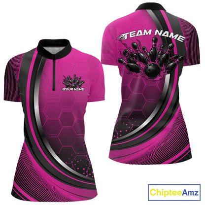 Front and back view of a women s black and pink bowling quarter zip mockup with a honeycomb pattern and flaming bowling ball and pins graphics.