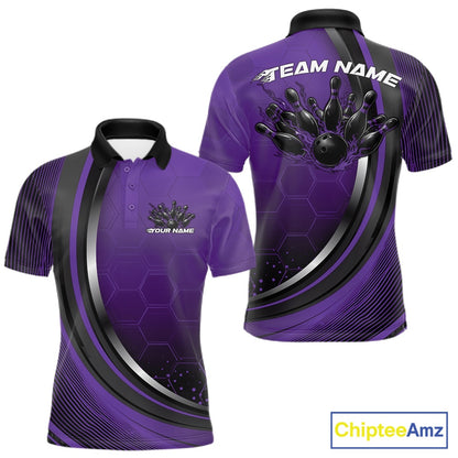 Front and back view of a mens bowling polo shirt mockup in black and purple, featuring honeycomb pattern with a flaming bowling ball hitting pins.