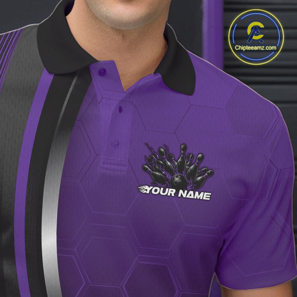 Close-up of the left chest area of a black and purple bowling polo shirt, featuring honeycomb texture with a flaming bowling strike graphic.