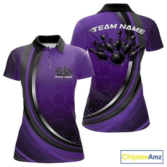 Front and back view of a womens bowling polo shirt mockup in black and purple, featuring honeycomb pattern with a flaming bowling ball and pins design.