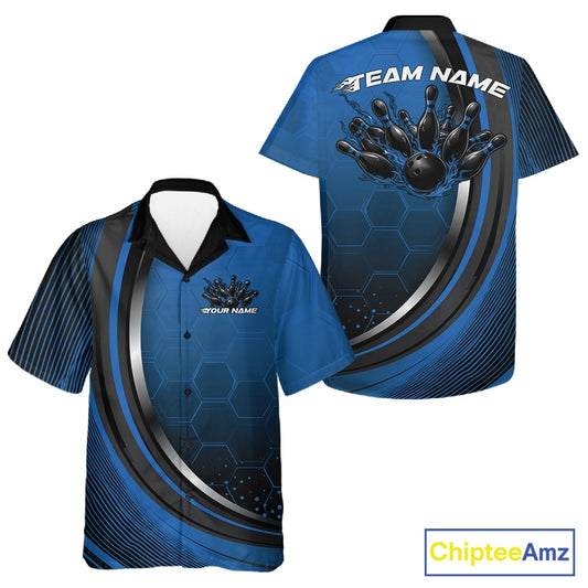 Front and back view of a button-up bowling shirt mockup in black and blue, featuring a honeycomb pattern with a flaming bowling ball and pins.