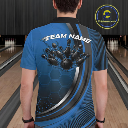 Back view of a male model in a bowling alley wearing a black and blue polo shirt, showcasing honeycomb pattern with flame bowling action artwork.