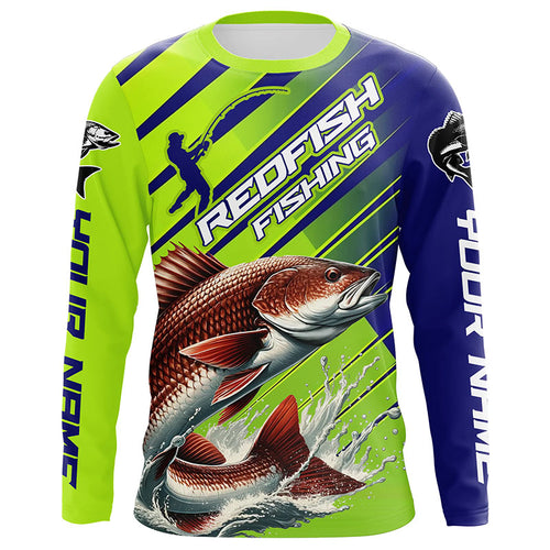 Personalized Redfish Fishing Tournament Jerseys, Long Sleeve Performance Shirts In Blue & Green IPHW6623