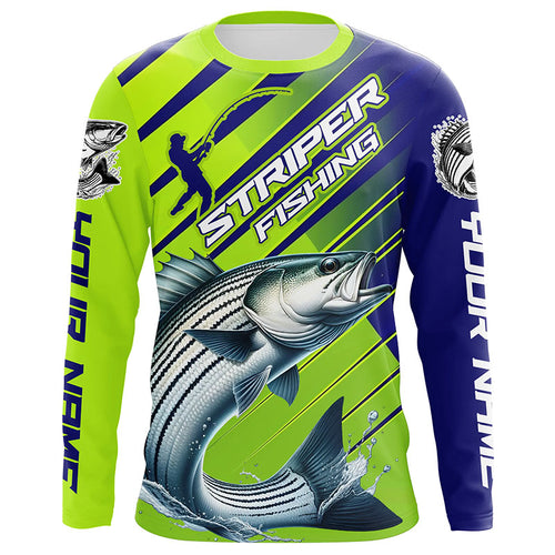 Personalized Striped Bass Fishing Tournament Jerseys, Performance Long Sleeve Shirts In Blue & Green IPHW6624