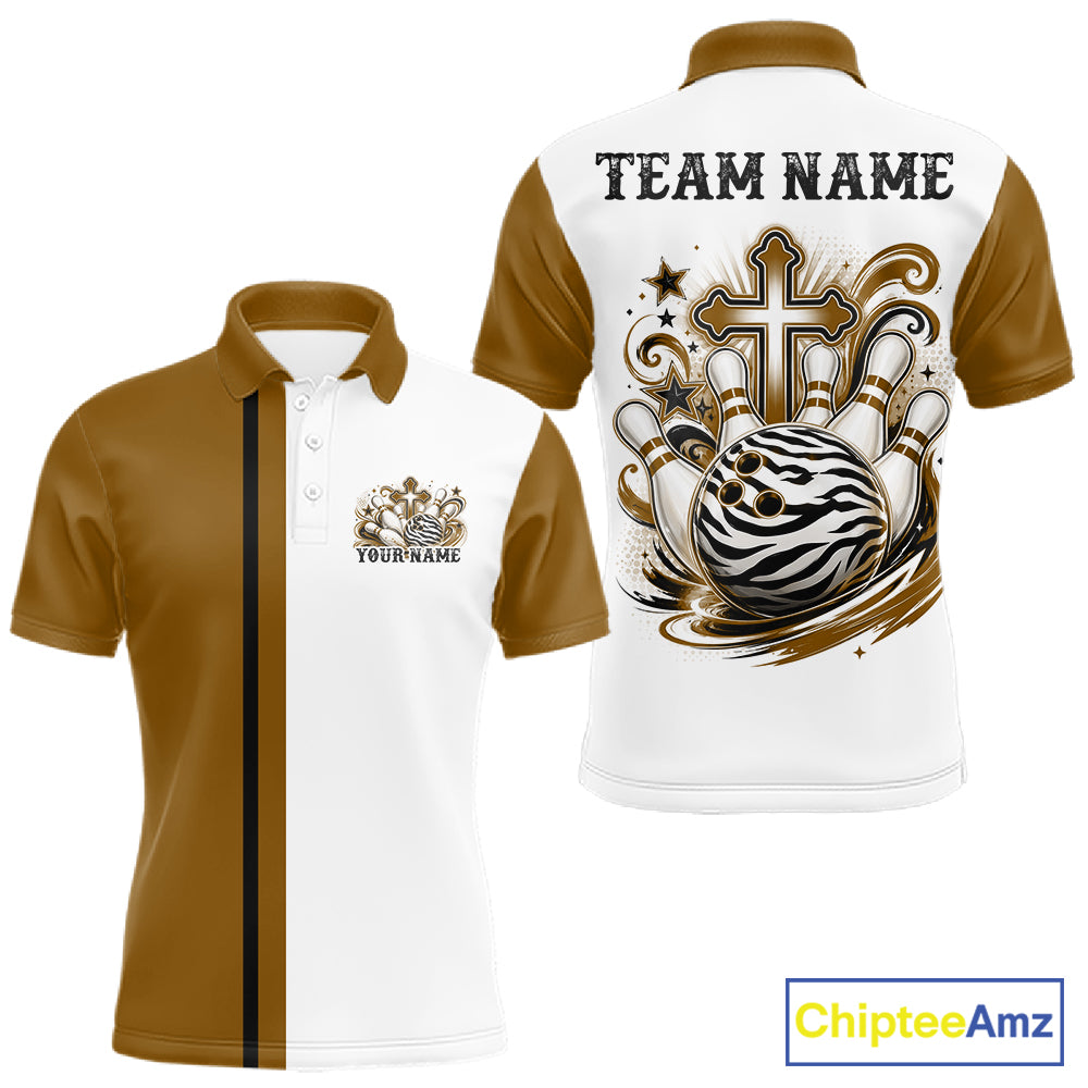 Custom brown and white zebra print faith cross bowling league shirt for teams