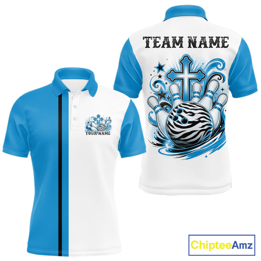 Custom cyan blue and white zebra print faith cross bowling league shirt for teams