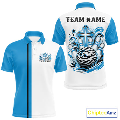 Custom cyan blue and white zebra print faith cross bowling league shirt for teams