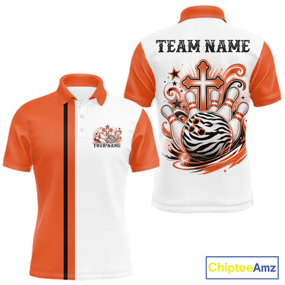 Custom orange and white zebra print faith cross bowling league shirt for teams