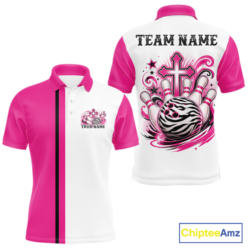 Custom pink and white zebra print faith cross bowling league shirt for teams