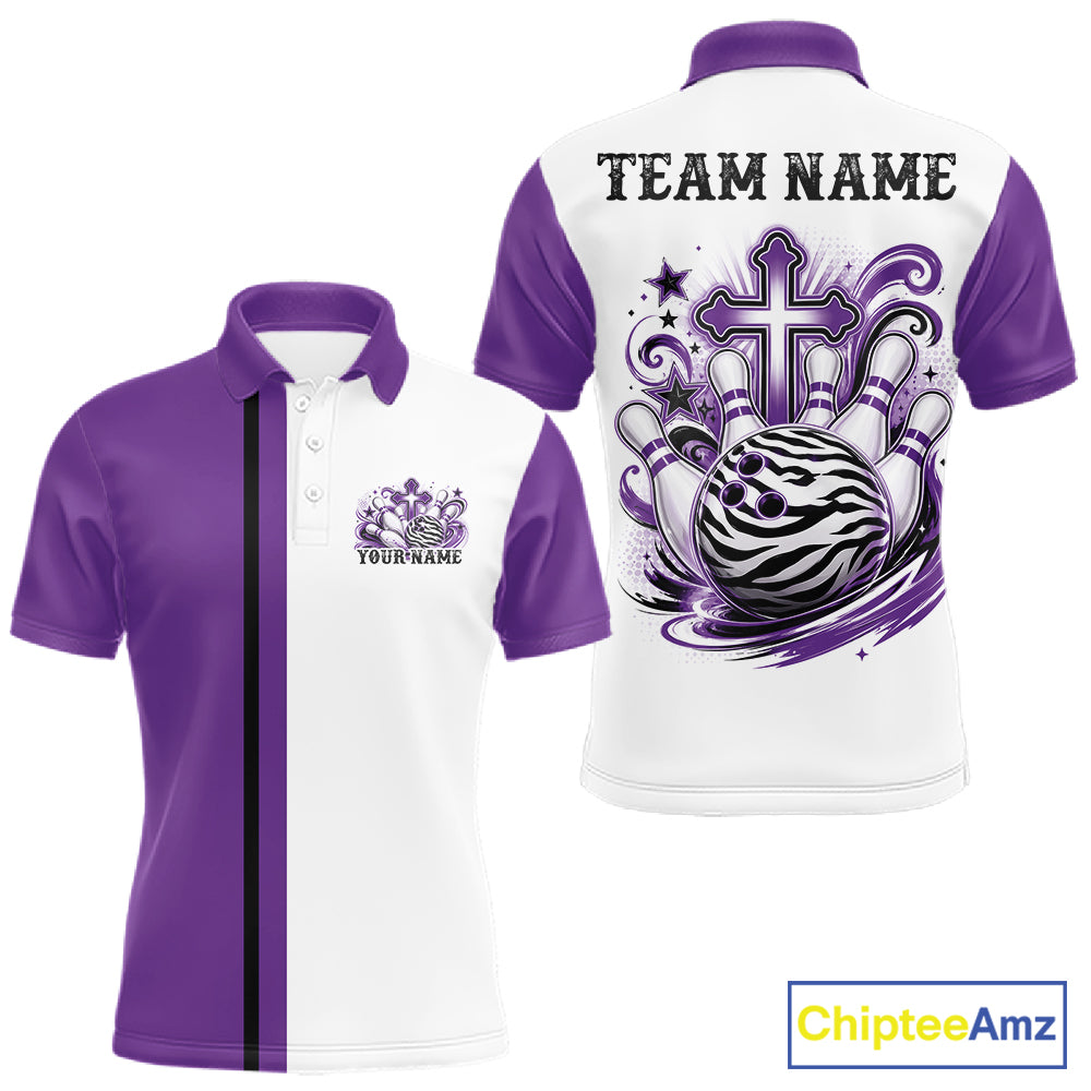 Custom purple and white zebra print faith cross bowling league shirt for teams