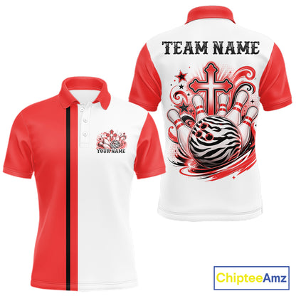 Custom red and white zebra print faith cross bowling league shirt for teams