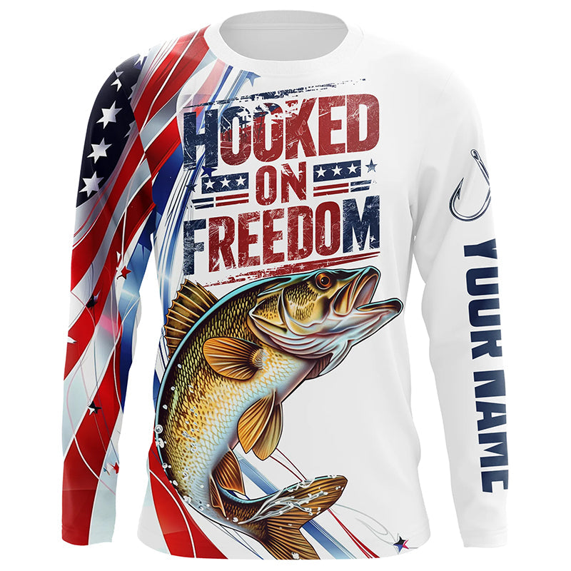 American Flag Walleye Fishing Custom Long Sleeve Fishing Shirts, Patriotic Walleye Fishing Jerseys IPHW6807