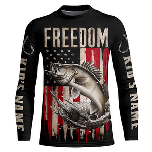 Personalized Patriotic Walleye Long Sleeve Fishing Shirts, American Flag Fishing Shirts IPHW6810