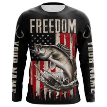 Load image into Gallery viewer, Personalized Patriotic Walleye Long Sleeve Fishing Shirts, American Flag Fishing Shirts IPHW6810