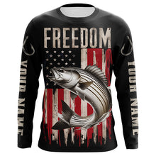 Load image into Gallery viewer, Personalized Patriotic Striped Bass Long Sleeve Fishing Shirts, American Flag Fishing Shirts IPHW6811