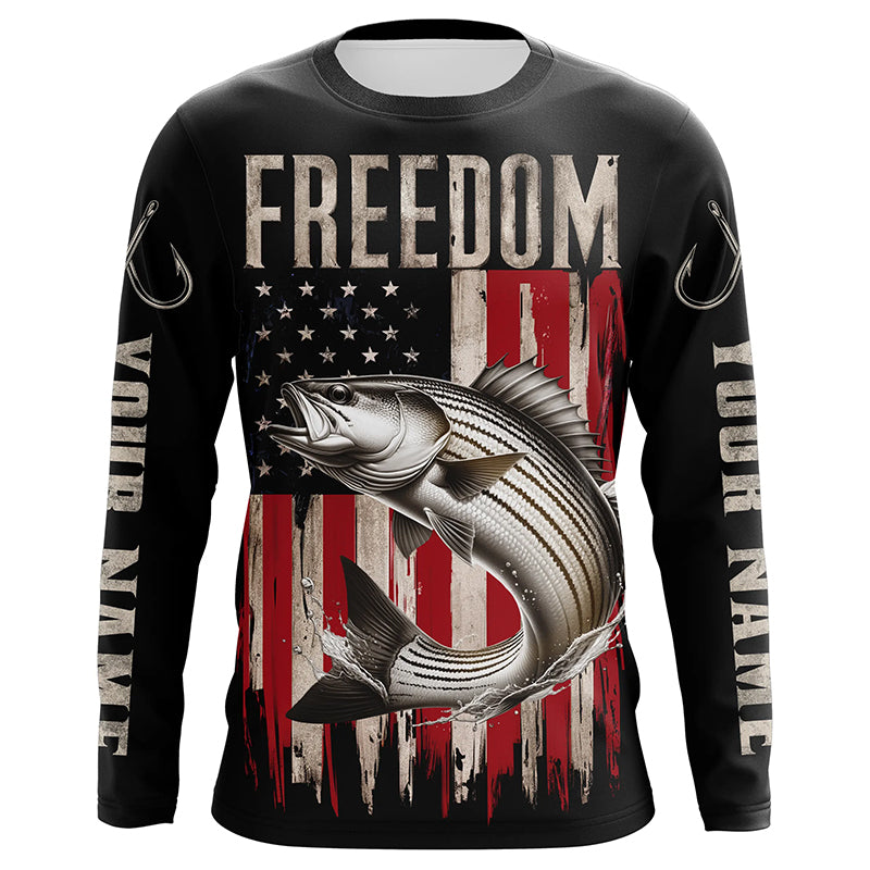 Personalized Patriotic Striped Bass Long Sleeve Fishing Shirts, American Flag Fishing Shirts IPHW6811