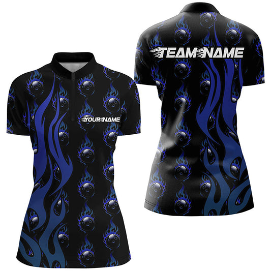 Custom Blue Flame Bowling Shirts For Women, Bowling League Shirts With Team Name IPHW6970