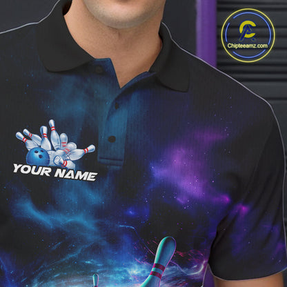 Custom Galaxy Bowling Polo Shirts For Men, Holographic Bowling Team Shirt IPHW9502