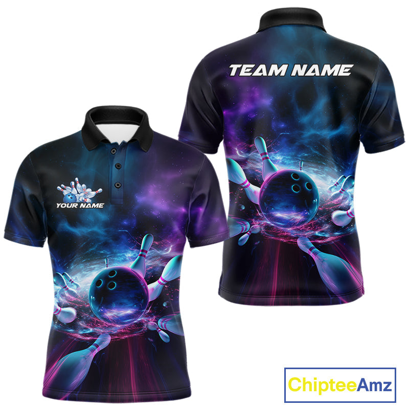 Custom Galaxy Bowling Polo Shirts For Men, Holographic Bowling Team Shirt IPHW9502