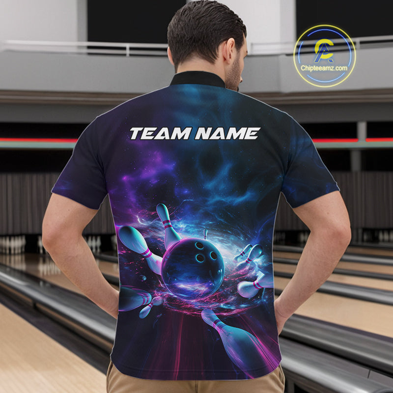 Custom Galaxy Bowling Quarter-Zip Shirts For Men, Holographic Bowling Team Shirt IPHW9502