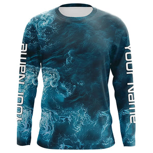 Blue Sea Waves Ocean Camo Long Sleeve Uv Protection Fishing Shirts, Personalized Fishing Jersey IPHW7193