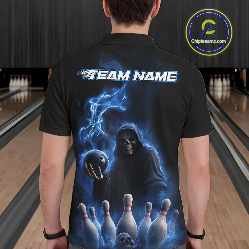 Custom Blue Flame Grim Reaper Bowling Men Polo Shirts, Skull Halloween Bowler Outfit IPHW9734