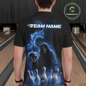 Custom Blue Flame Grim Reaper Bowling Men Polo Shirts, Skull Halloween Bowler Outfit IPHW9734
