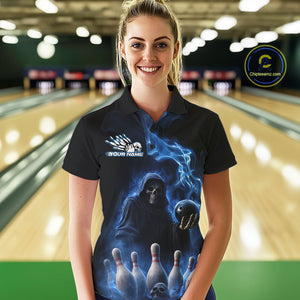 Custom Blue Flame Grim Reaper Bowling Women Polo Shirts, Skull Halloween Bowler Outfit IPHW9734