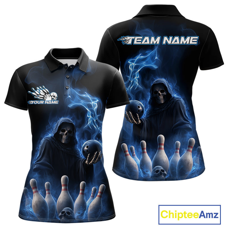 Custom Blue Flame Grim Reaper Bowling Women Polo Shirts, Skull Halloween Bowler Outfit IPHW9734