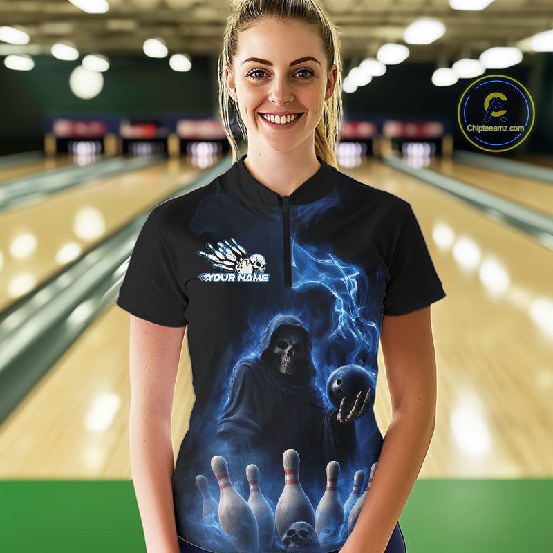 Custom Blue Flame Grim Reaper Bowling Women Quarter-Zip Shirts, Skull Halloween Outfit IPHW9734