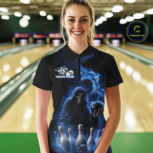Custom Blue Flame Grim Reaper Bowling Women Quarter-Zip Shirts, Skull Halloween Outfit IPHW9734