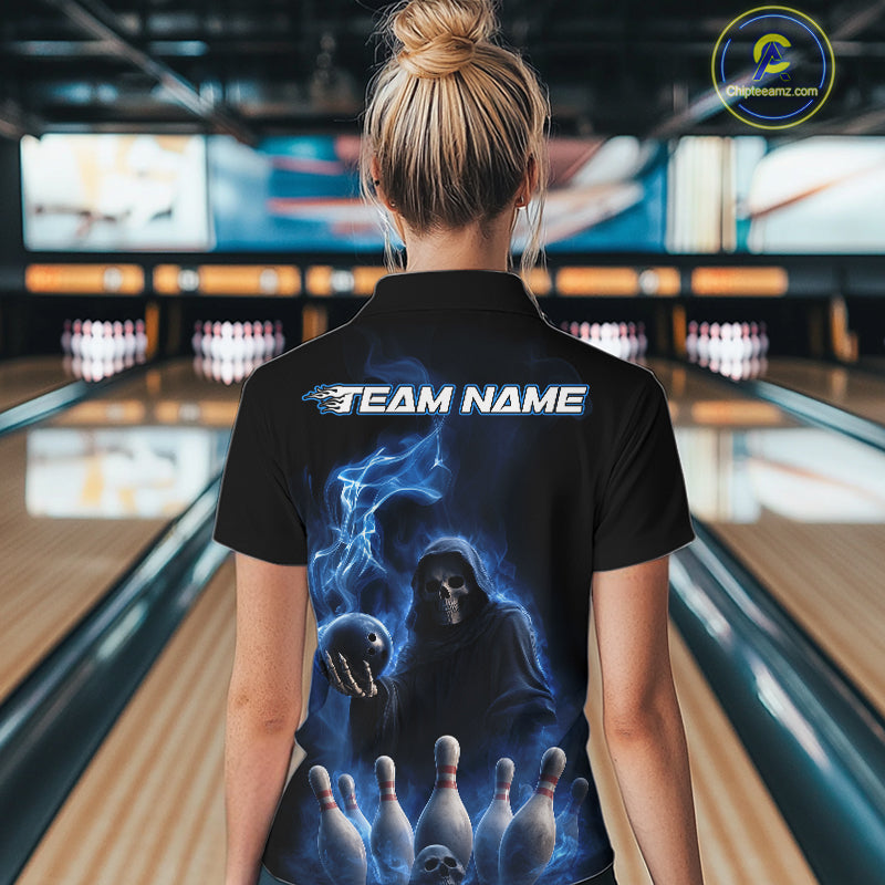 Custom Blue Flame Grim Reaper Bowling Women Quarter-Zip Shirts, Skull Halloween Outfit IPHW9734