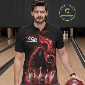 Custom Red Flame Grim Reaper Bowling Men Polo Shirts, Skull Halloween Bowler Outfit IPHW9735