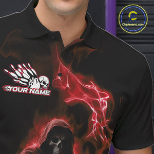 Custom Red Flame Grim Reaper Bowling Men Polo Shirts, Skull Halloween Bowler Outfit IPHW9735
